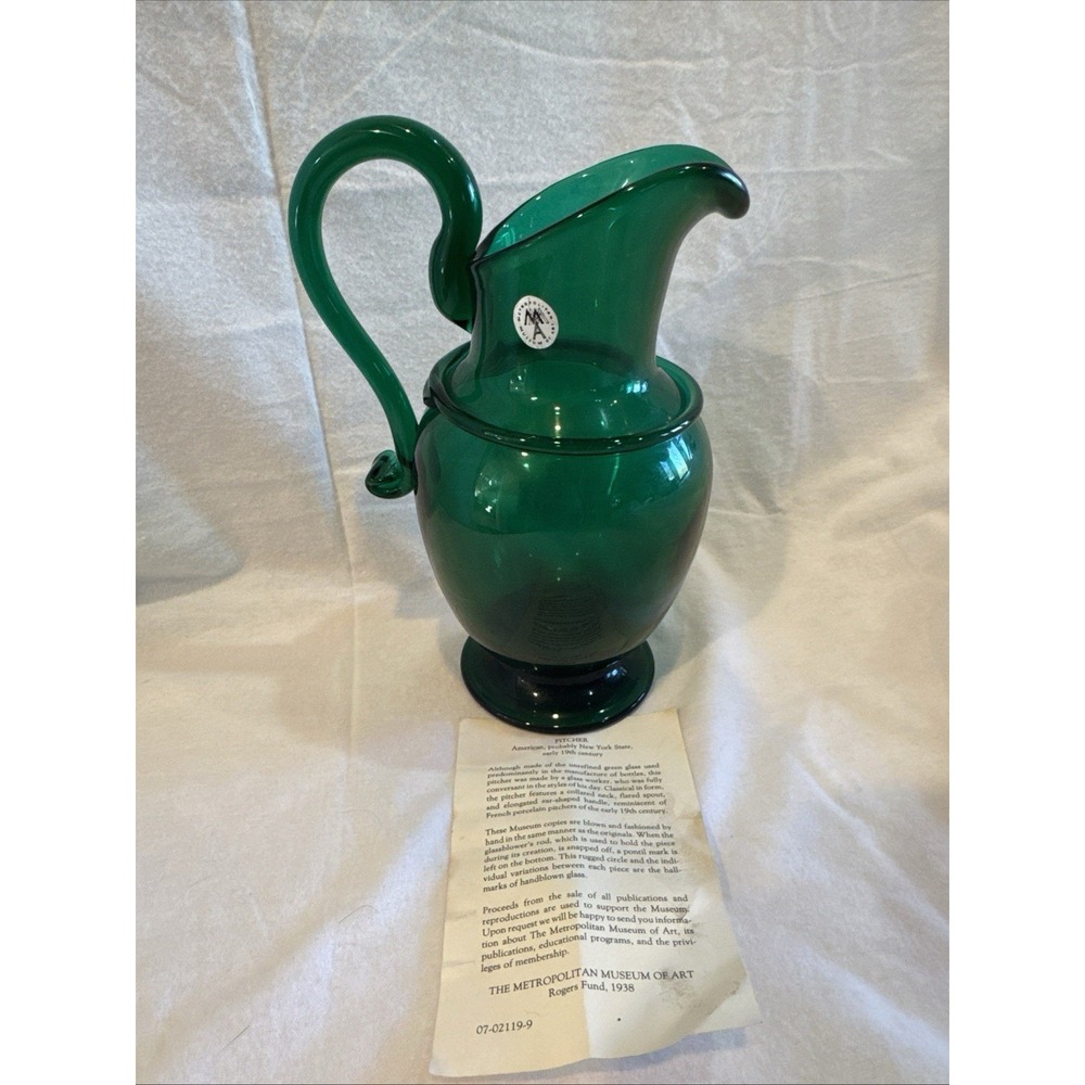 MMA Hand Blown Emerald Green Glass Pitcher 9.75" Hand Blown Vtg Art Glass w/ COA